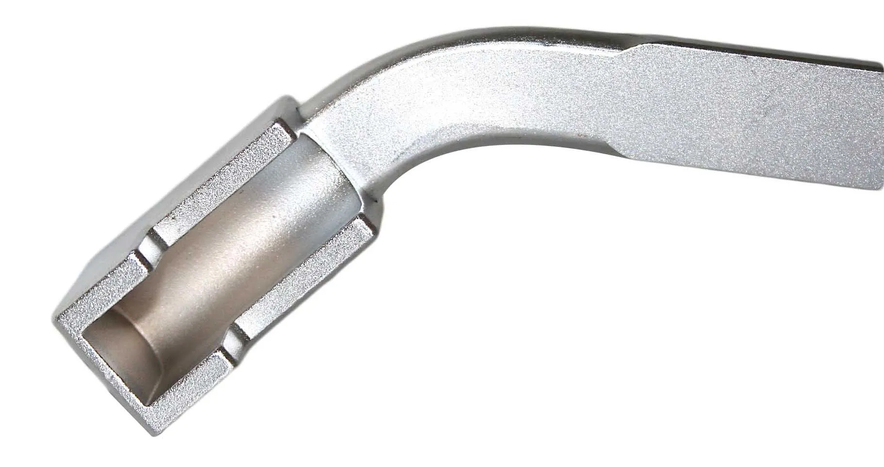 Close-up of boxed socket head and curved neck of silver tension lever, showing inner curved socket and relief grooves