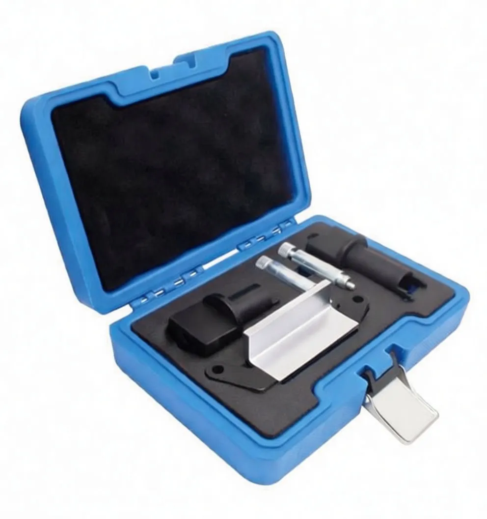 Angled perspective of open timing adaptor case with IN-marked adapter, metal bracket and two silver alignment pins