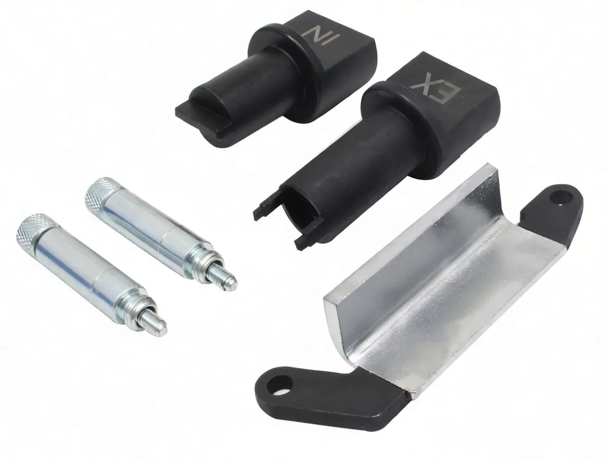 Timing adaptor parts laid out: IN and EX plastic adapters, two knurled silver pins, L-shaped silver bracket with black tabs and screws