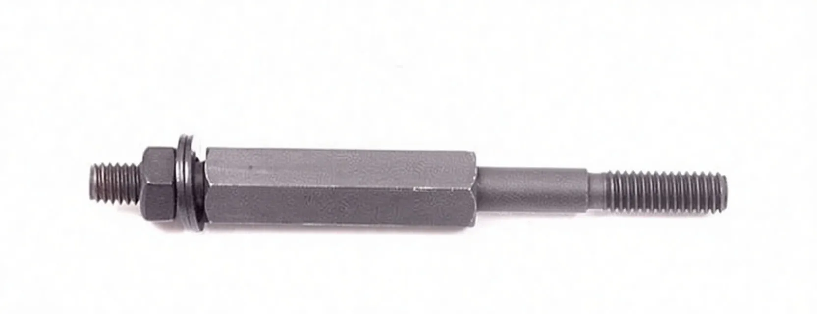 Double-ended threaded stud with hexagonal center section marked ASTA, nuts fitted on one end