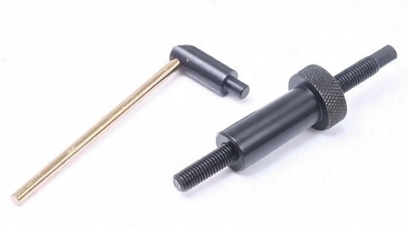 Black threaded puller with knurled collar and brass T-handle pin shown on white background