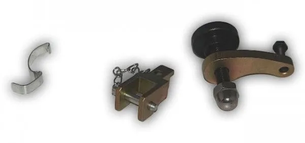 Three separate locking tool pieces on white background: silver C-clip, gold rectangular adapter with chain, and gold arm with black pulley and threaded bolt.