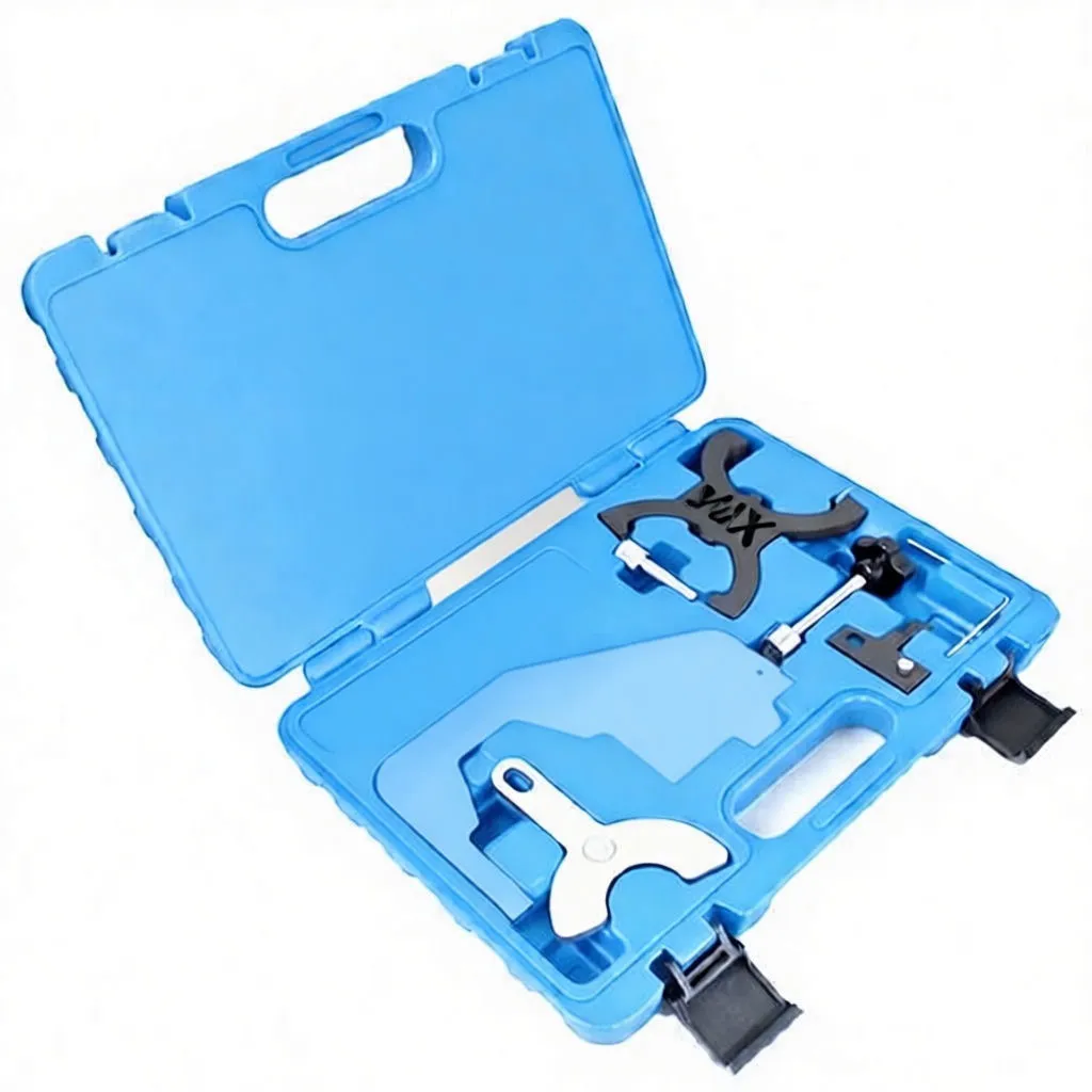 Three black steel timing tools laid out: notched bar marked 'satra S-XVT45', cross-shaped locking plate with arrows, and a small mounting bracket.