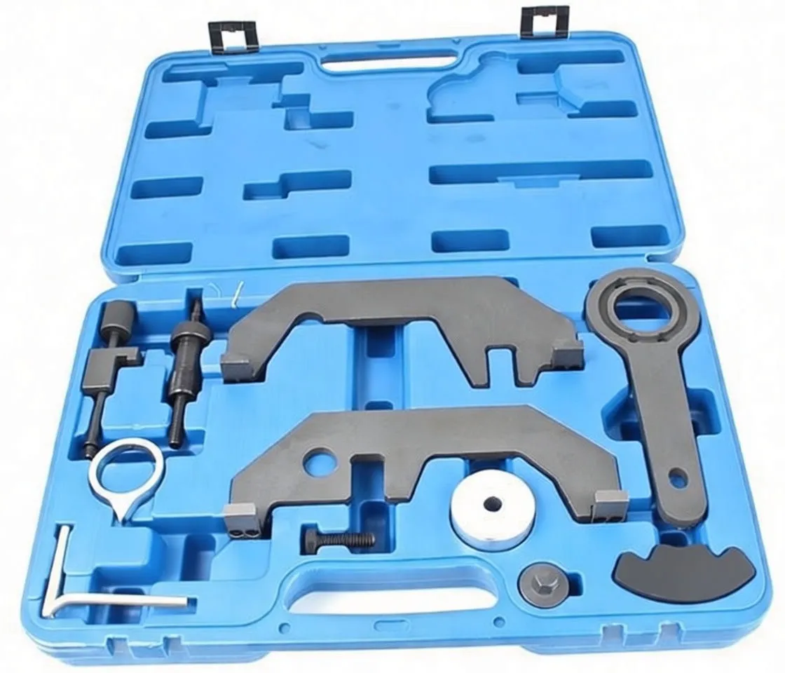 Blue tool case with saTra-branded engine locking brackets, ring wrench, pins, white spacer, angle dial (0°,30°,60°) and other small tools in molded slots.