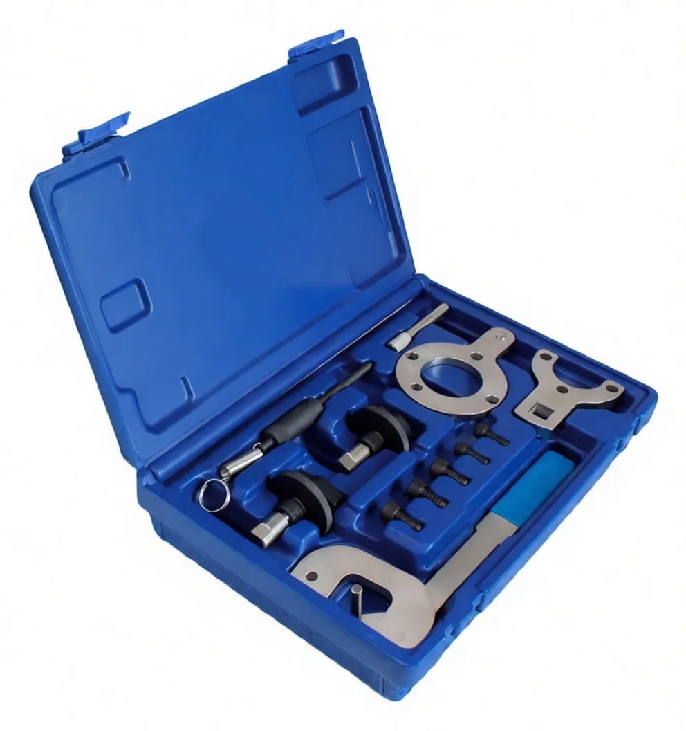 Angled view of open blue tool case holding engine timing/locking tools: circular locking plate, fork spanner, camshaft adapters, bolts, C-clamp and blue-handled bar, with yellow instruction label in the lid.
