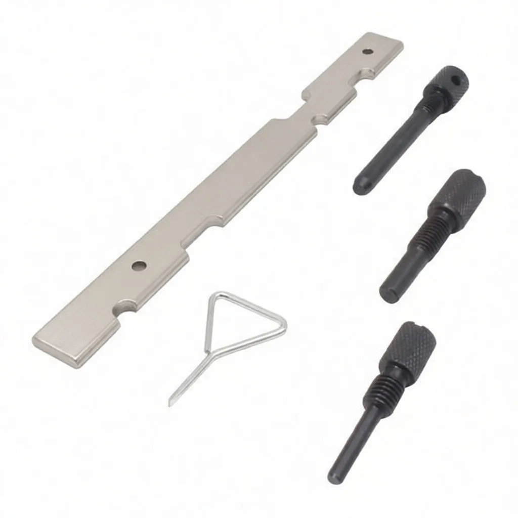 Close-up of timing tools: silver stamped alignment bar, three black threaded timing pins with knurled heads, and a triangular wire pin on white background.