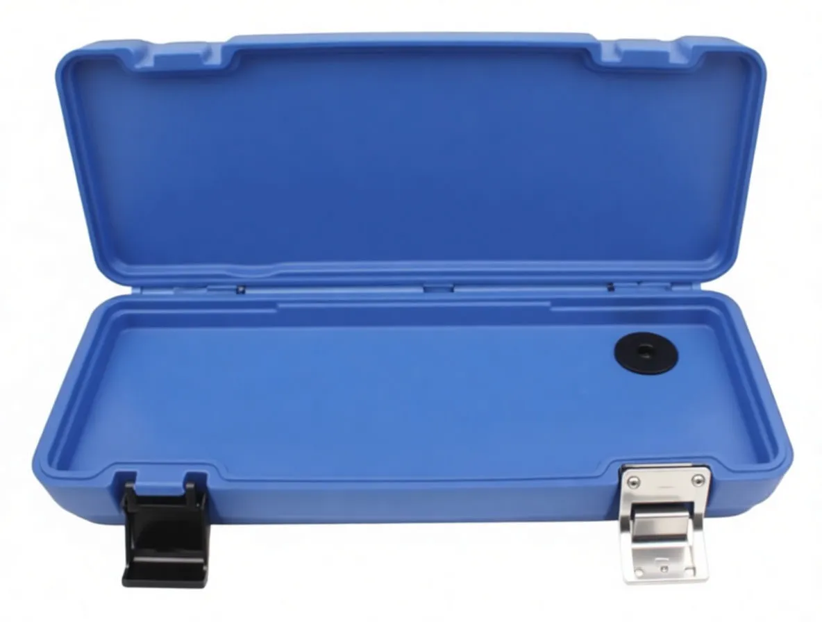 Angled view of blue timing tool case with locking plates, metal adapter, alignment plate and yellow instruction label