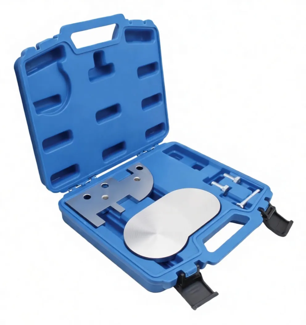 Metal timing arm, timing lock plate stamped 'saTra S-V20LE', two hex bolts and two alignment pins on white background.