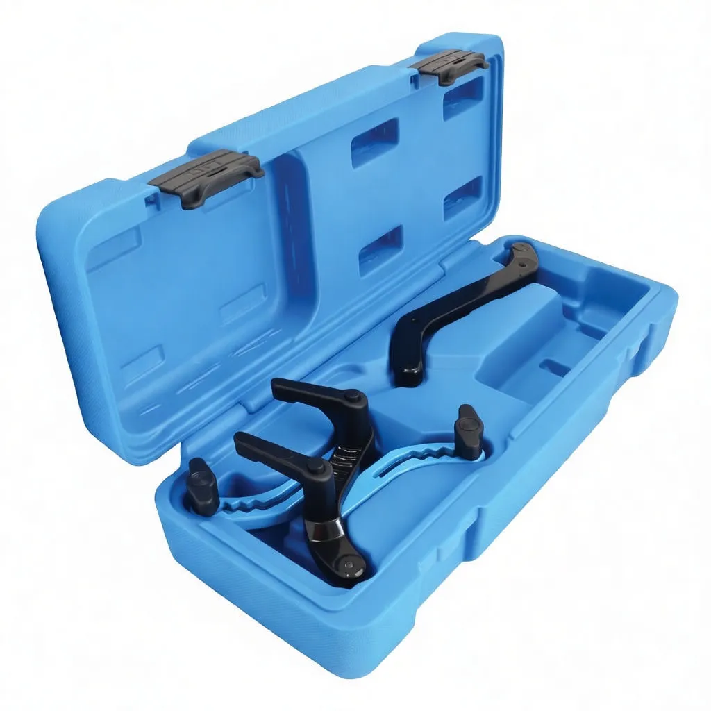 Angled shot of open blue case showing timing clamp and long black timing arm inside molded compartments.
