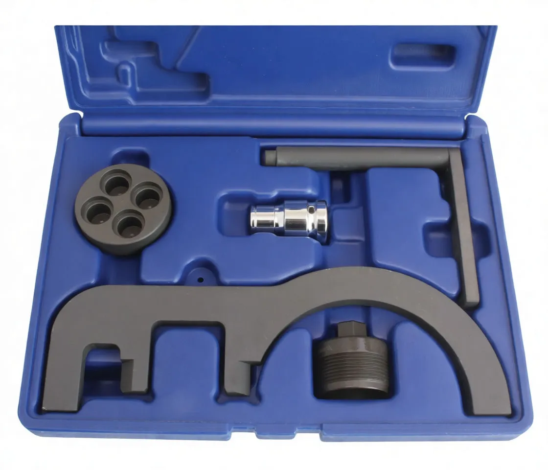Top view of timing lock kit in blue case showing ASTA A-8153 bracket, circular adapter, threaded plug, chrome socket and L-pin