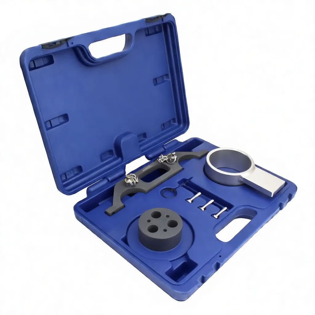 Frontal top view of tools in blue case highlighting ASTA A-8166 stamped on silver ring