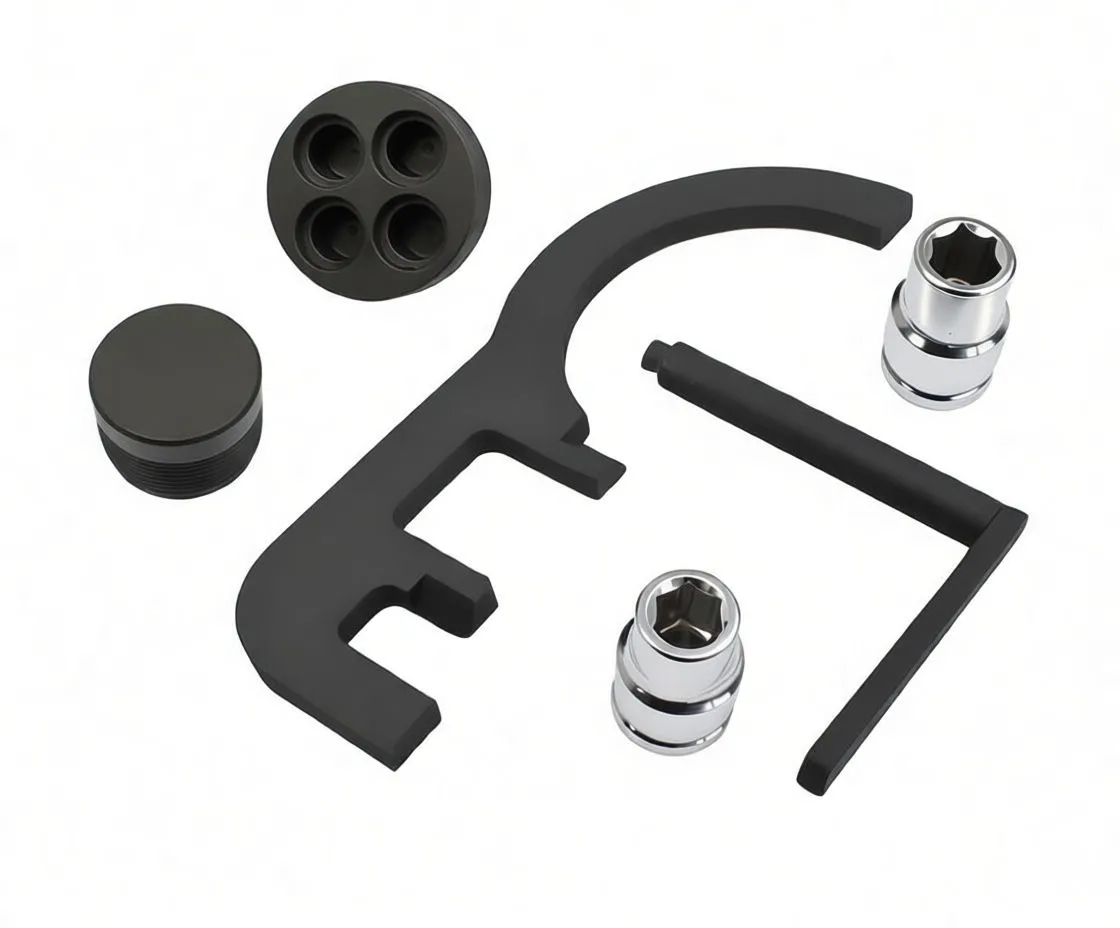 Set of timing tools on white background showing ASTA-marked bracket, four-hole adapter, threaded cap, chrome socket and L-bar