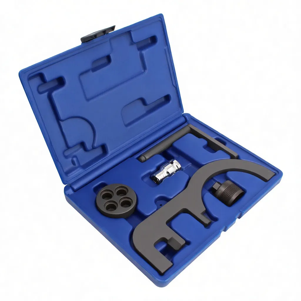 Angled view of blue case with ASTA A-8153 timing lock plate, four-hole adapter, threaded cap, chrome socket and L-shaped pin