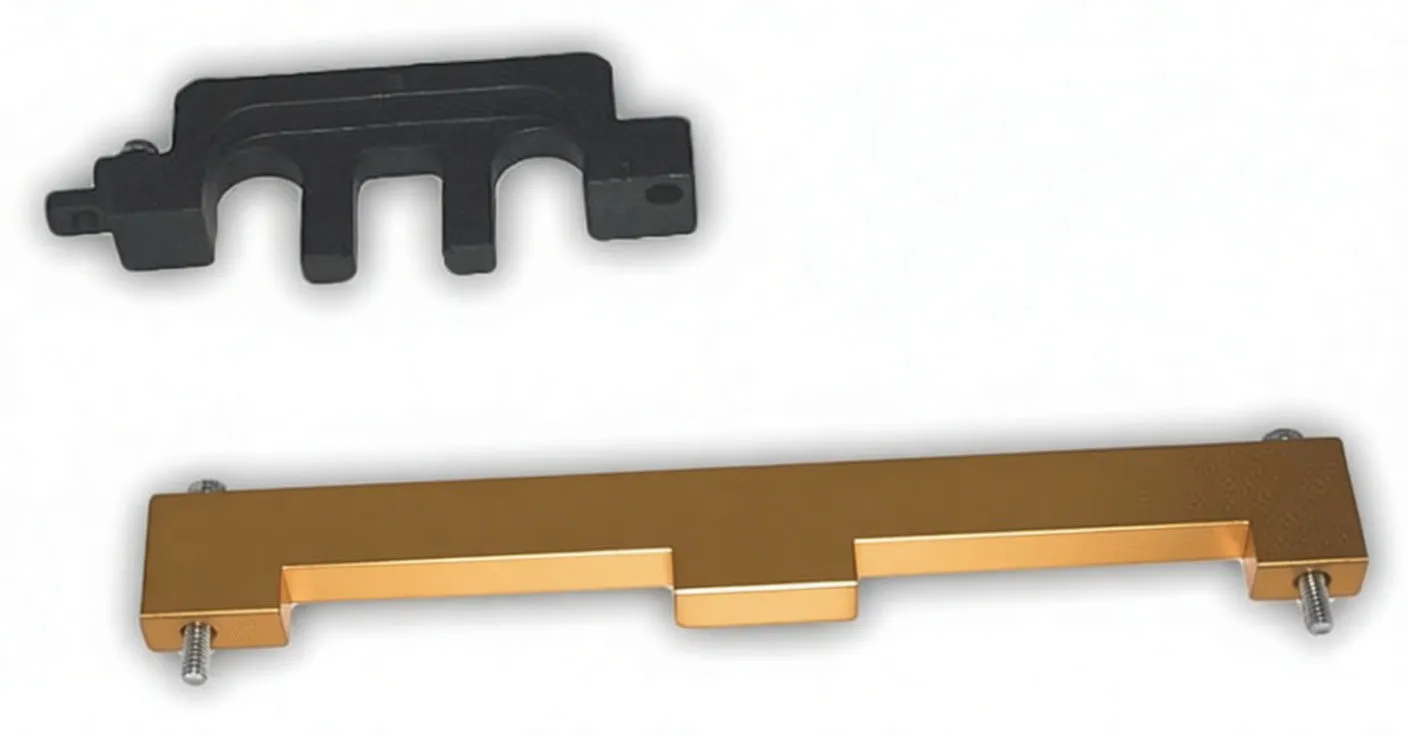 Black multi-prong locking bracket and a gold alignment bar with two studs and an 'S' marking on a white background.