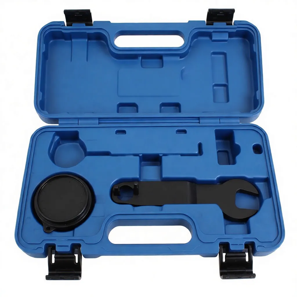 Angled shot of blue case open to show timing/locking tool set with silver spanner, black plates and red plastic locator