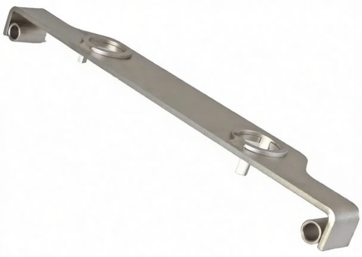 Long flat aluminium timing bar with circular recesses, locating pins and bent cylindrical ends
