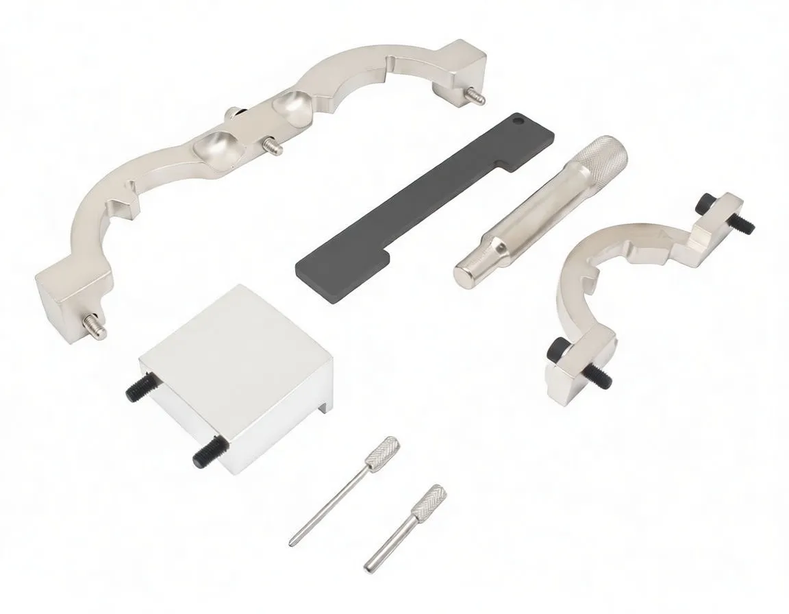 Timing tool set components laid out: curved locking plates, black timing bar, square locator block, knurled pin and two small dowel pins