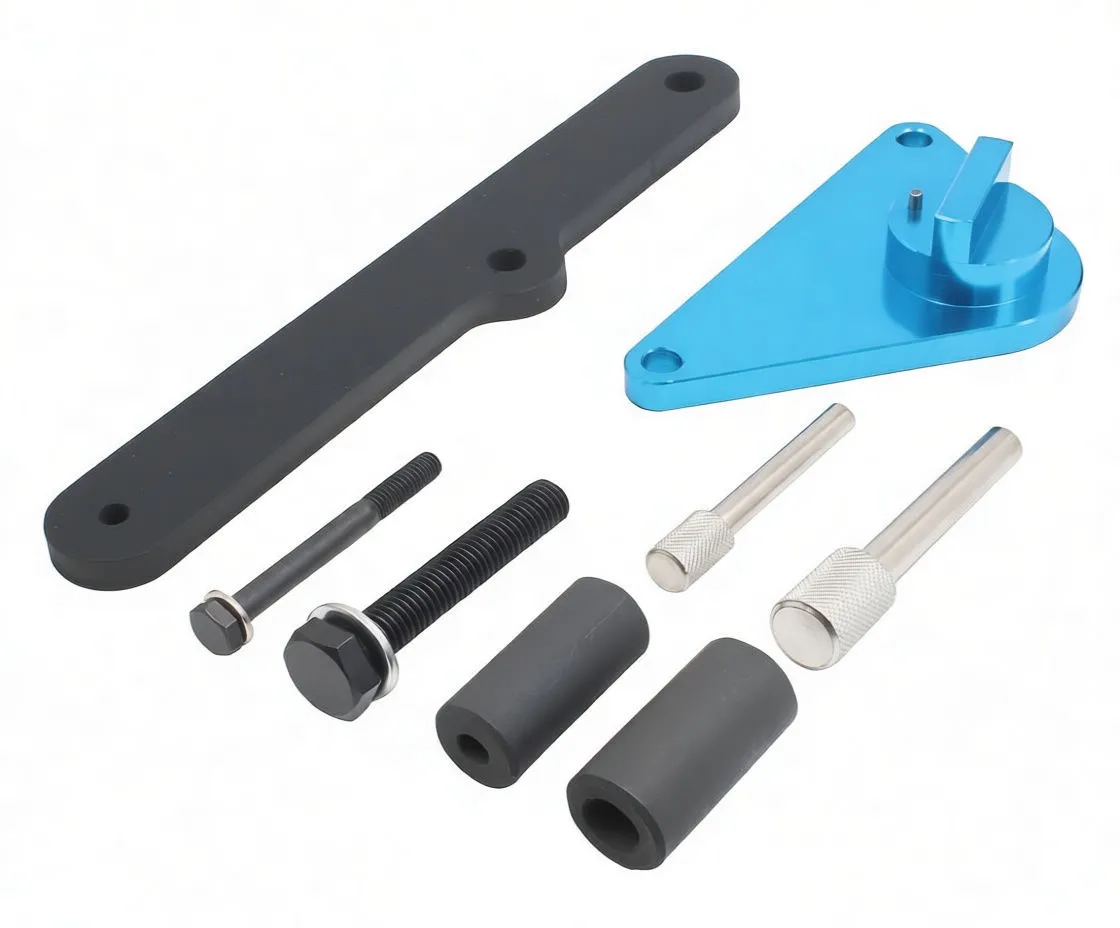Close-up of timing tool components: black ASTA bar, blue triangular cam lock with lever, two knurled pins, two rubber spacers and two bolts