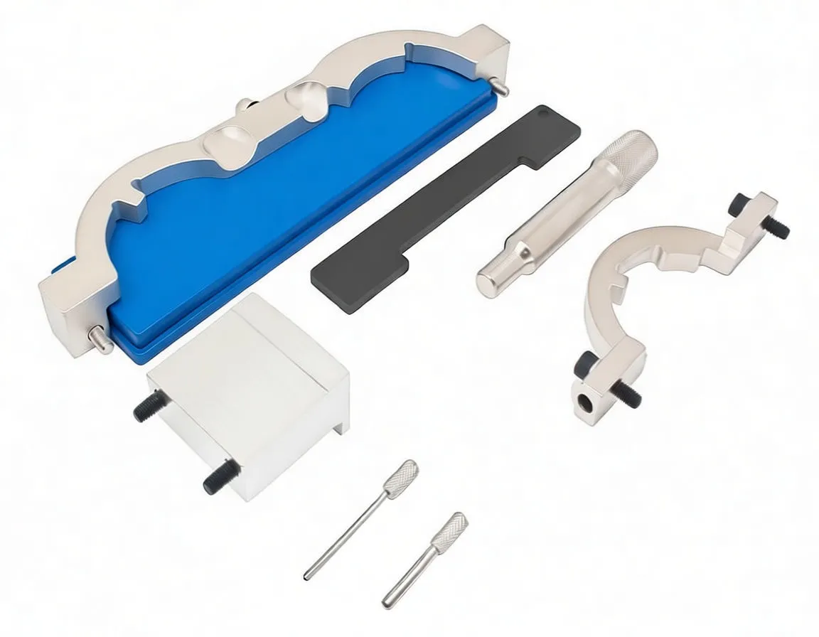 Top-down view of timing tool kit in blue case showing curved plates, black bar, knurled tool and square locator block