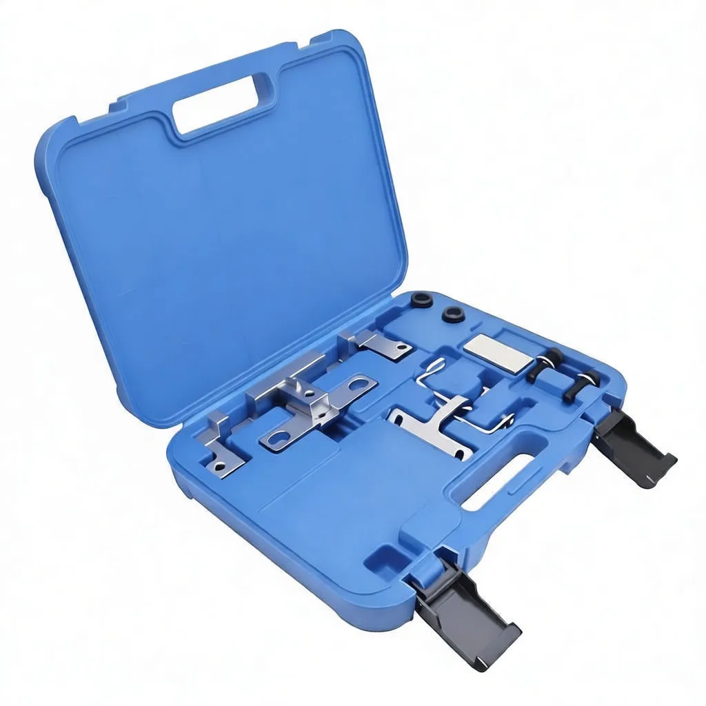 Side-angled view of blue case open showing aluminium timing brackets, rectangular plate, wire hooks, rubber rings and black latches.