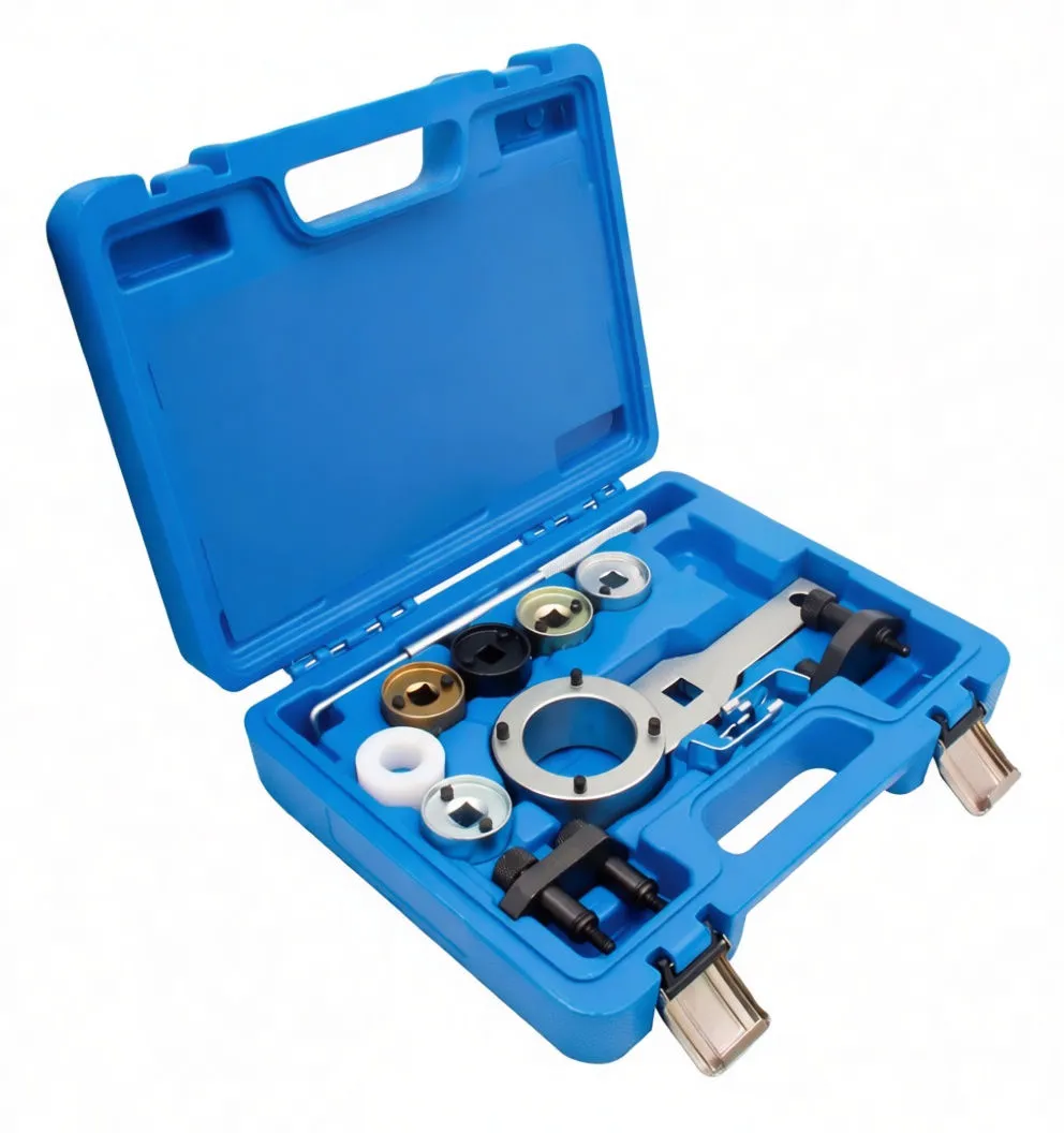 Angled view of open blue case showing timing tool components like adapter cups, locking plate, clamps and wrench