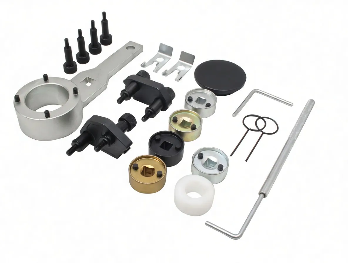 Timing tool components arranged on white background including locking ring, adapter cups, clamps, spacer, pins and tools