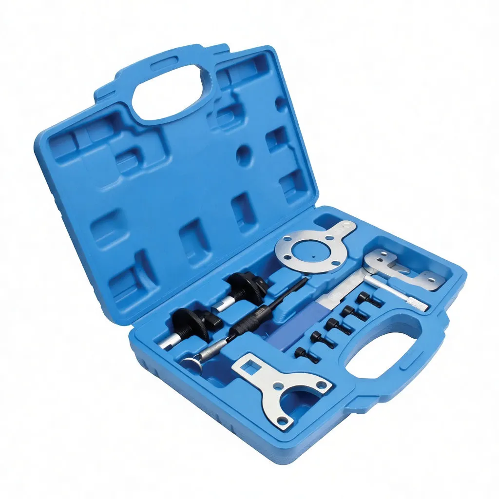 Angled perspective of open blue tool case with engine timing tools: threaded adjusters, circular plate, U-bracket, long pin, row of bolts and yellow label in lid.