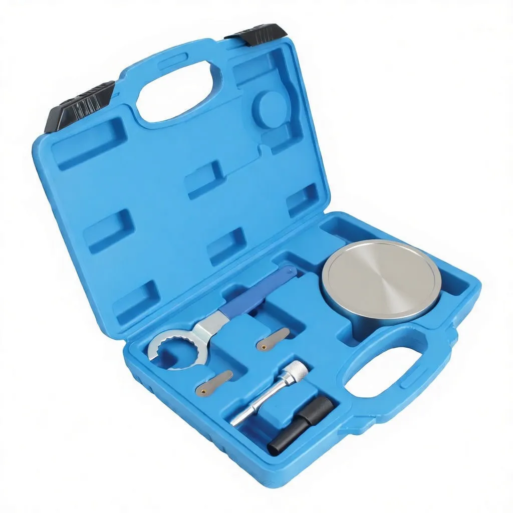 Angled open case showing silver timing tools and blue-handled spanner seated in molded blue case with a yellow instruction label on the lid.