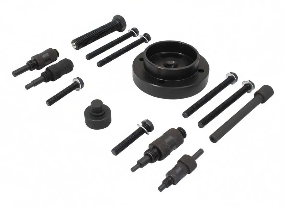 Timing tool components laid out on white background including circular adapter, bolts, studs, knurled extractors and locator cap