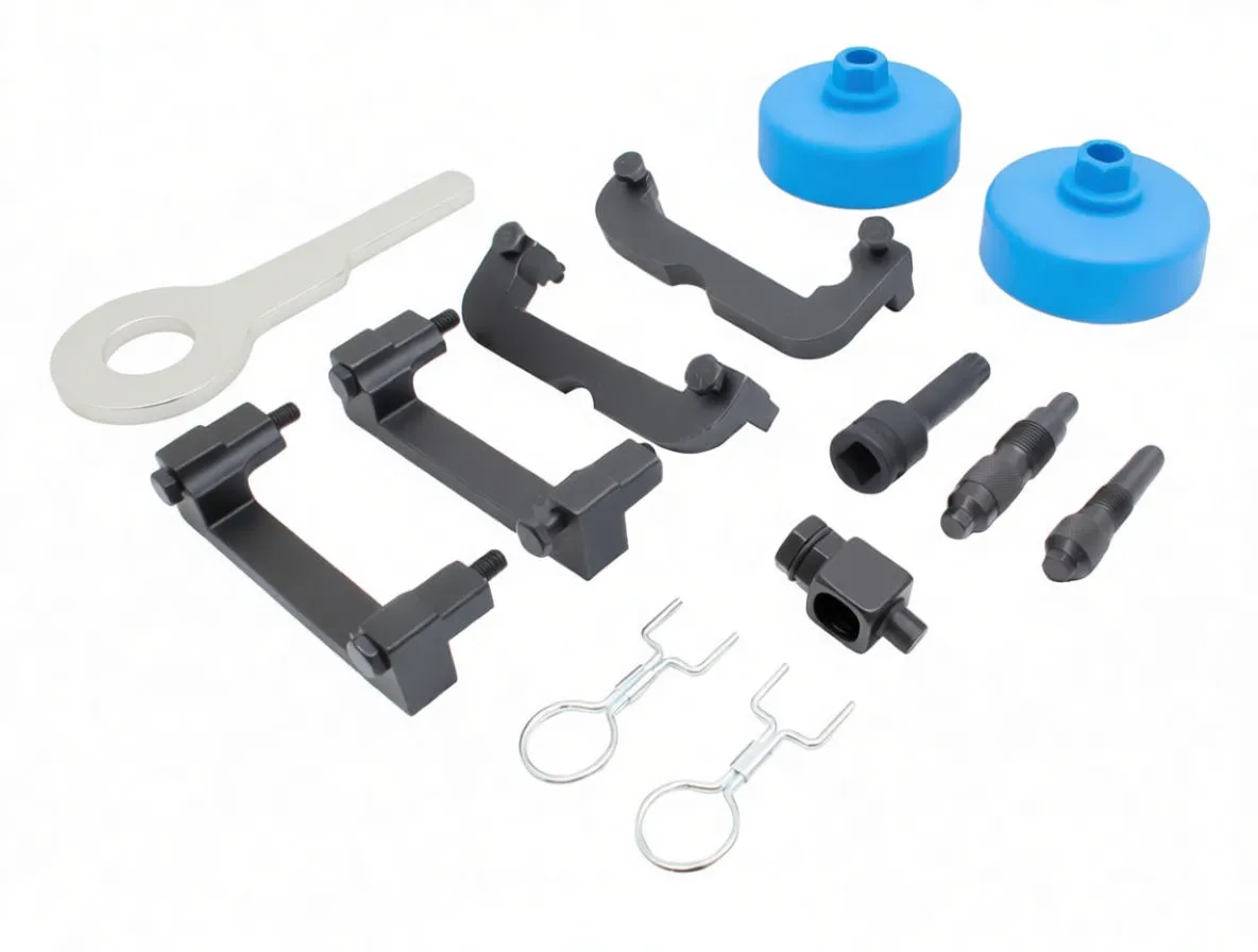 Timing tool kit components laid out: blue adapter cups, silver spanner, black camshaft locks, threaded pins and retaining clips