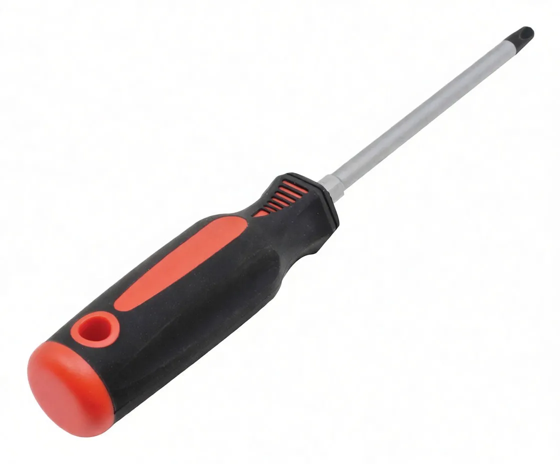 Side view of black and red screwdriver handle with red end cap and printed marking