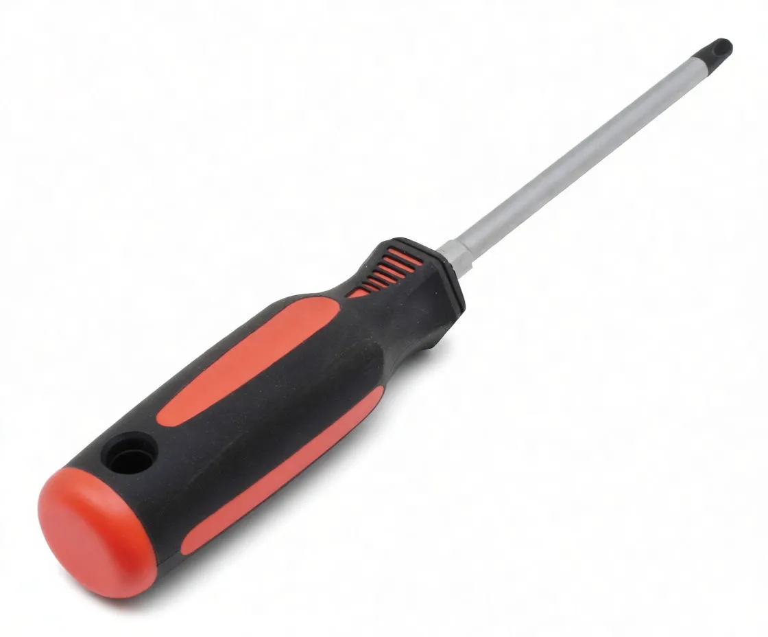 Close-up of screwdriver handle showing black and red grip, end cap with printed marking, and metal shaft