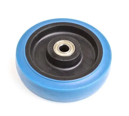 Top angled view of caster wheel showing black PP core, central metal bearing, and blue TPR tread