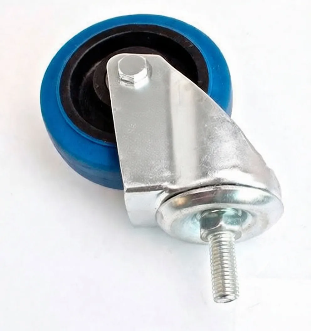 Top-angled view of caster showing stamped metal bracket, threaded stem, and blue wheel