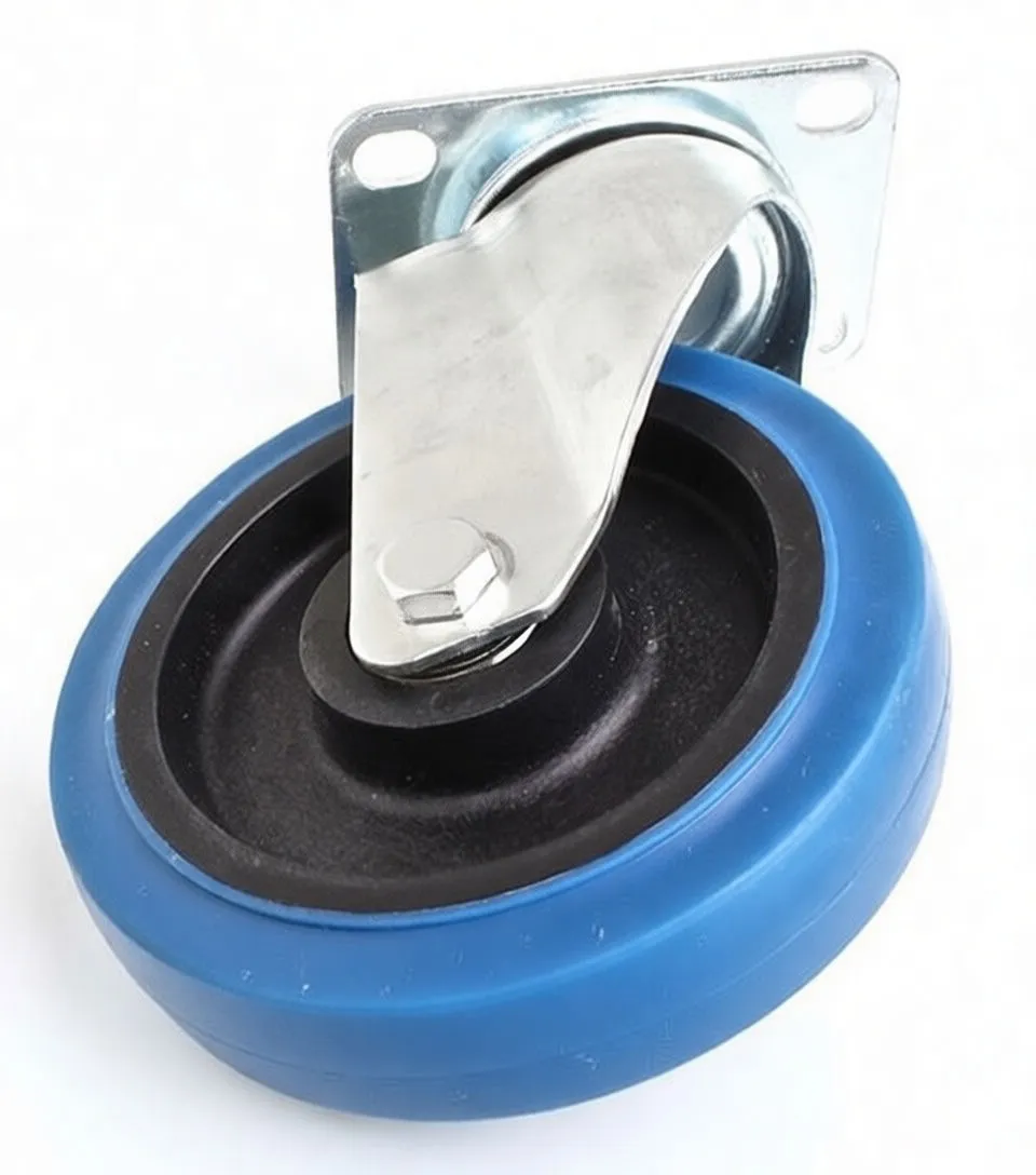 Angled view of a blue-tread caster with black center hub, hex axle bolt, and shiny zinc-plated mounting bracket and swivel housing.