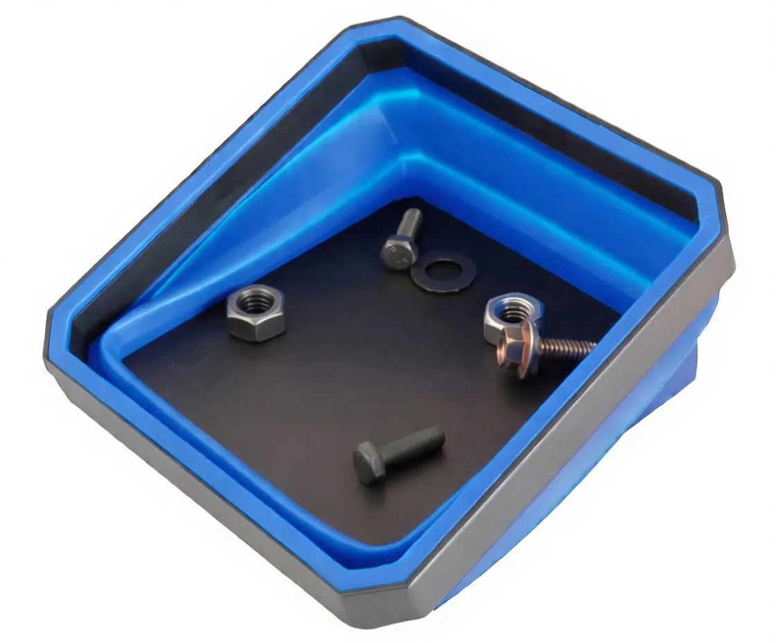 Magnetic tray containing nuts and bolts on black base with saTra branding, blue silicone sides