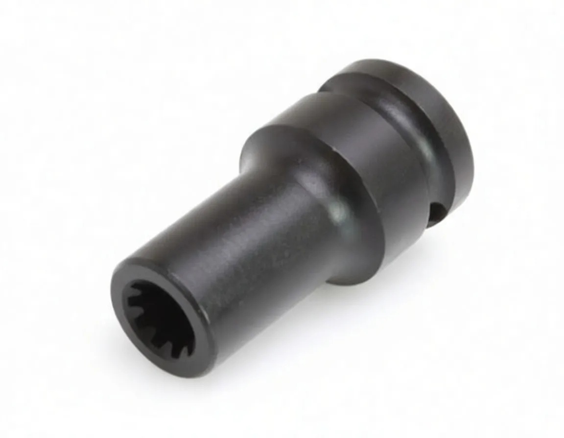 Angled side view of black impact brake caliper socket showing ASTA A-10PBC marking and retention hole