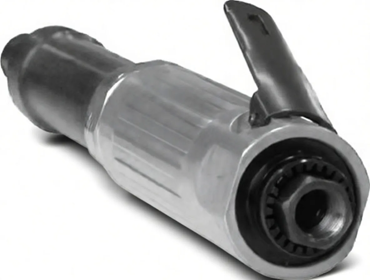 Full-length profile of the pneumatic die grinder showing silver body, identification plate, black spindle and collet nut