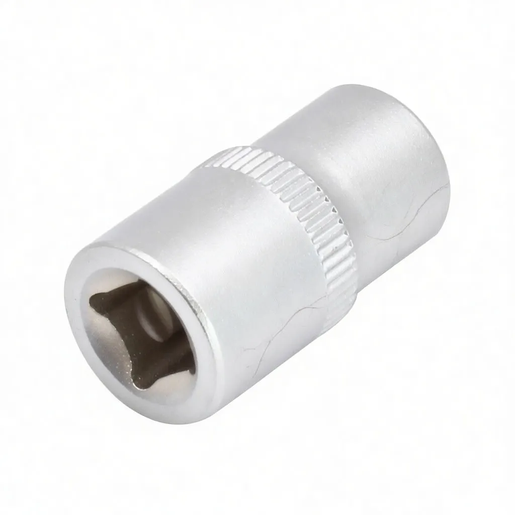 Angled side photo of silver Torx E12 socket showing star recess, knurled band and embossed side marking