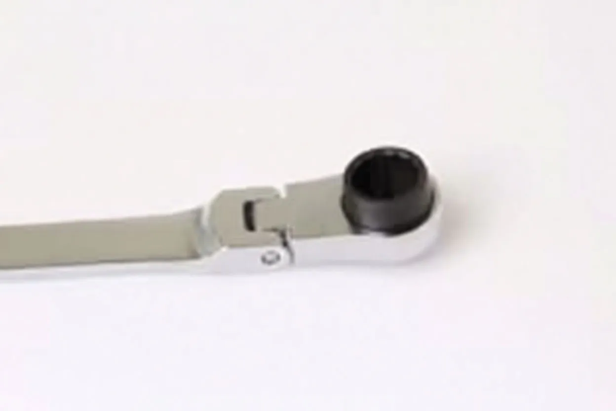 Close-up of hinged ratchet ring head with black insert and polished handle