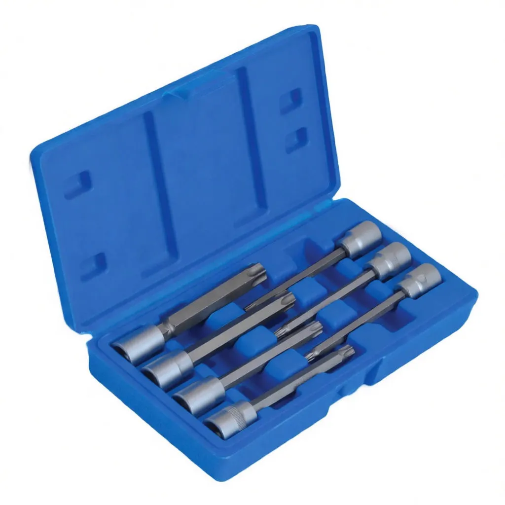 Angled view of a blue case holding extra-long Torx socket drivers with silver knurled socket ends and black shafts.