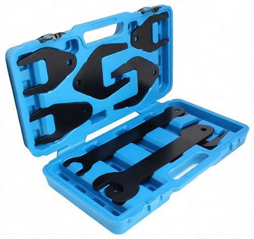 Open blue case with two long black fan clutch wrenches and several adapter plates with printed size markings