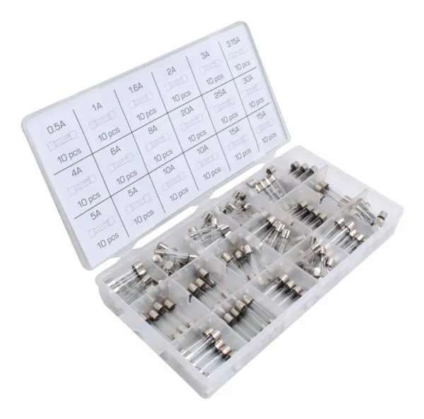 Angled shot of a clear plastic organizer filled with glass 6x30mm fuses and a lid chart listing amperages and "10 pcs" per compartment.