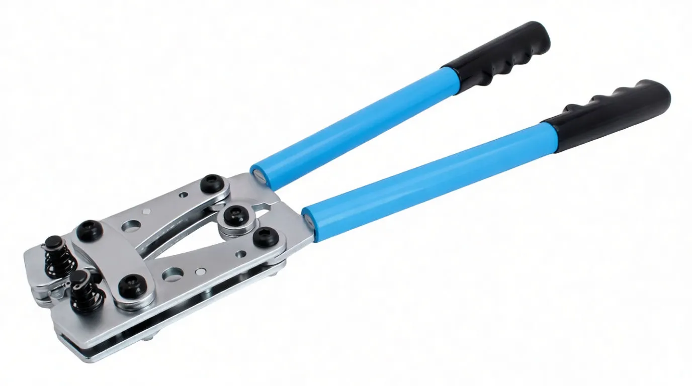 Top/angled view of blue-handled crimping pliers showing metal die plates, springs, fasteners, and black ergonomic grips