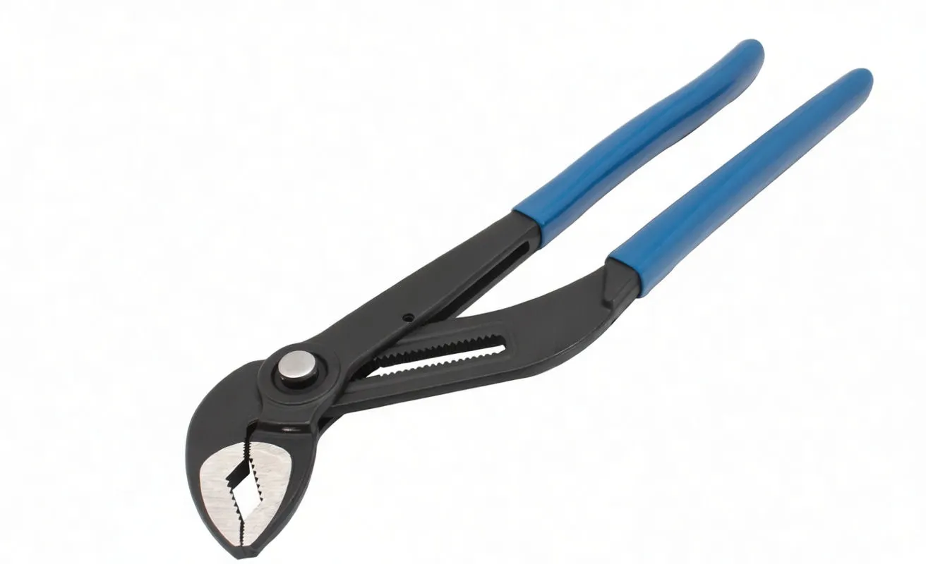Angled full-length view of blue-handled fitting pliers showing jaws, pivot and ASTA marking