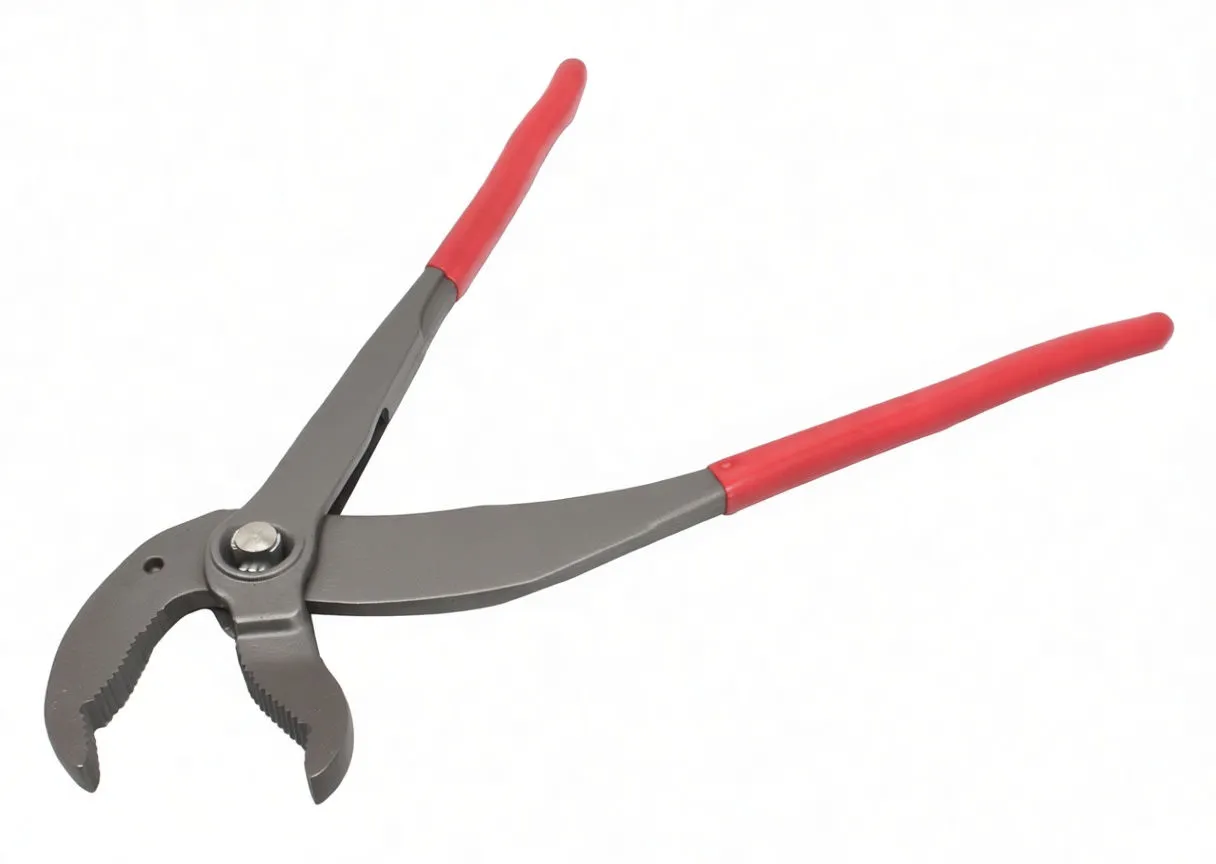 Side profile of fitting plier with curved jaws, serrated grip surfaces and red handle coatings