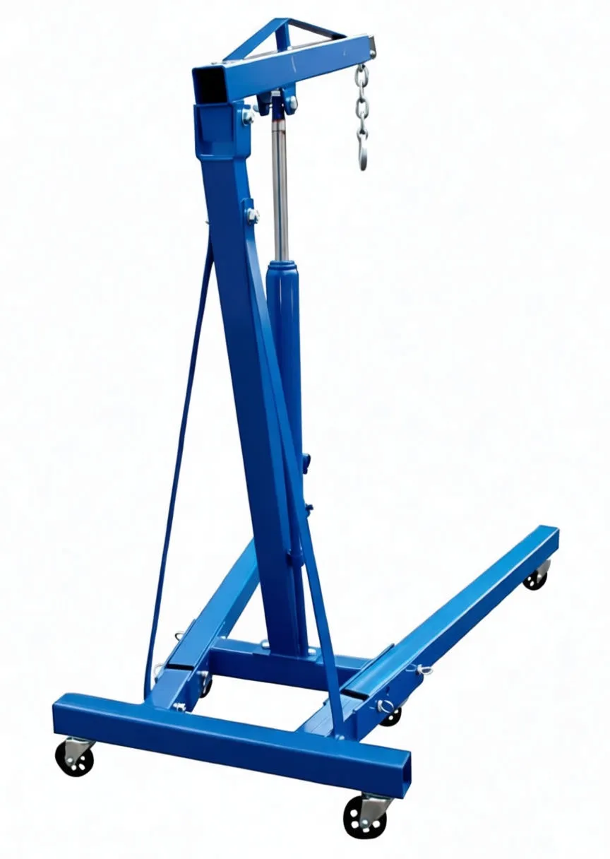 Side/rear view of blue engine crane showing boom with printed capacity markings, hydraulic cylinder and wheeled base