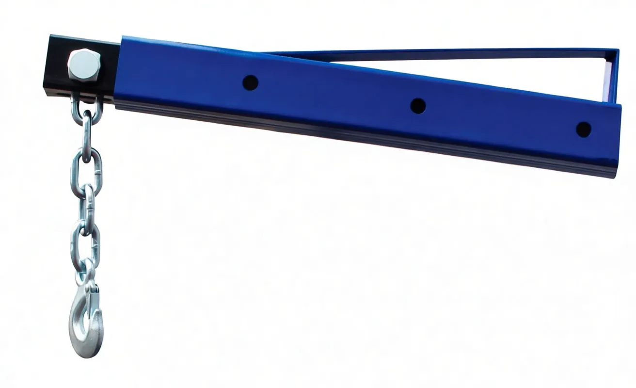 Close-up of boom tip with adjustment holes, chain and heavy lifting hook