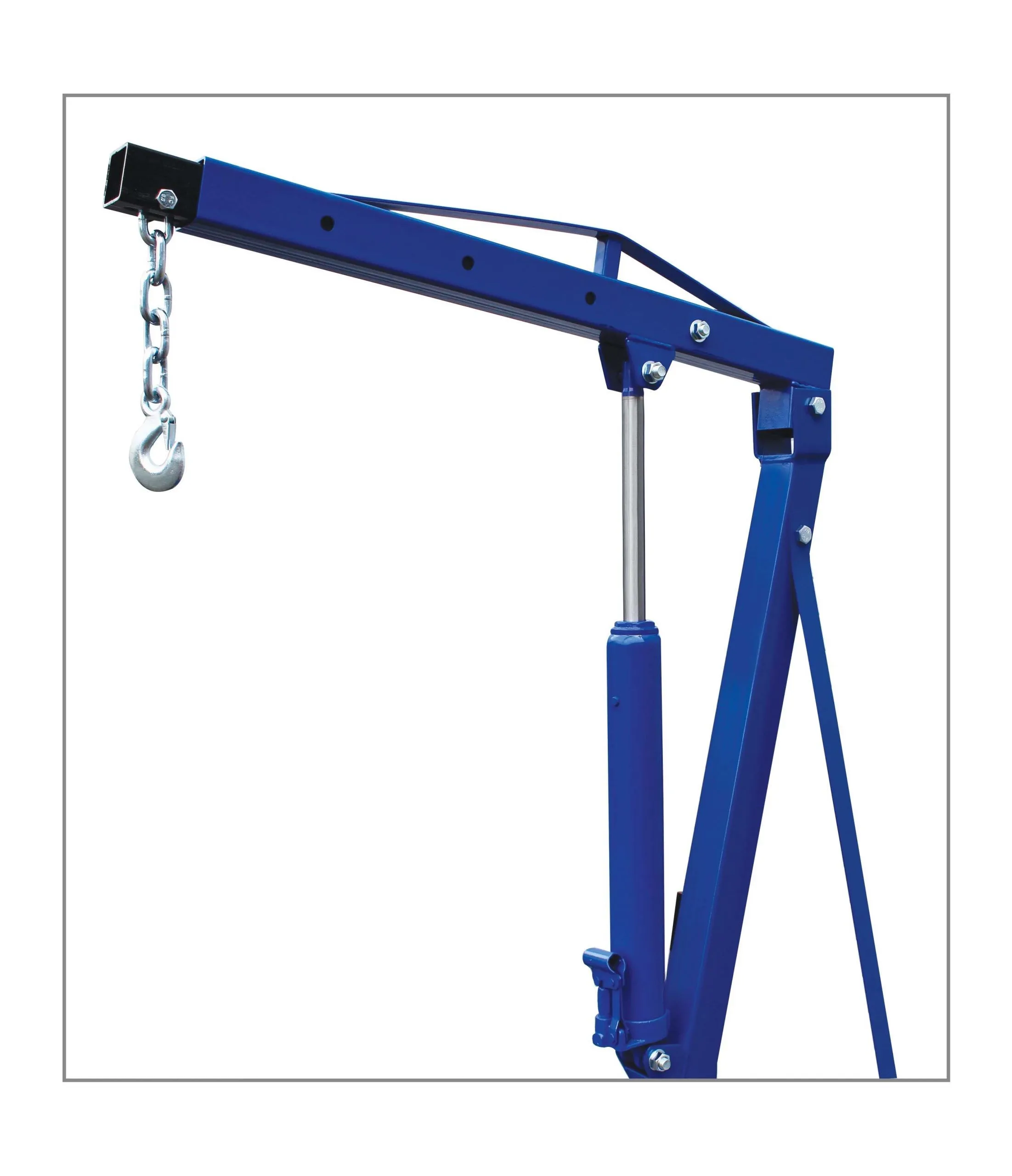 Close-up of crane mast and boom showing hydraulic piston, adjustment holes, pivot bracket and hook