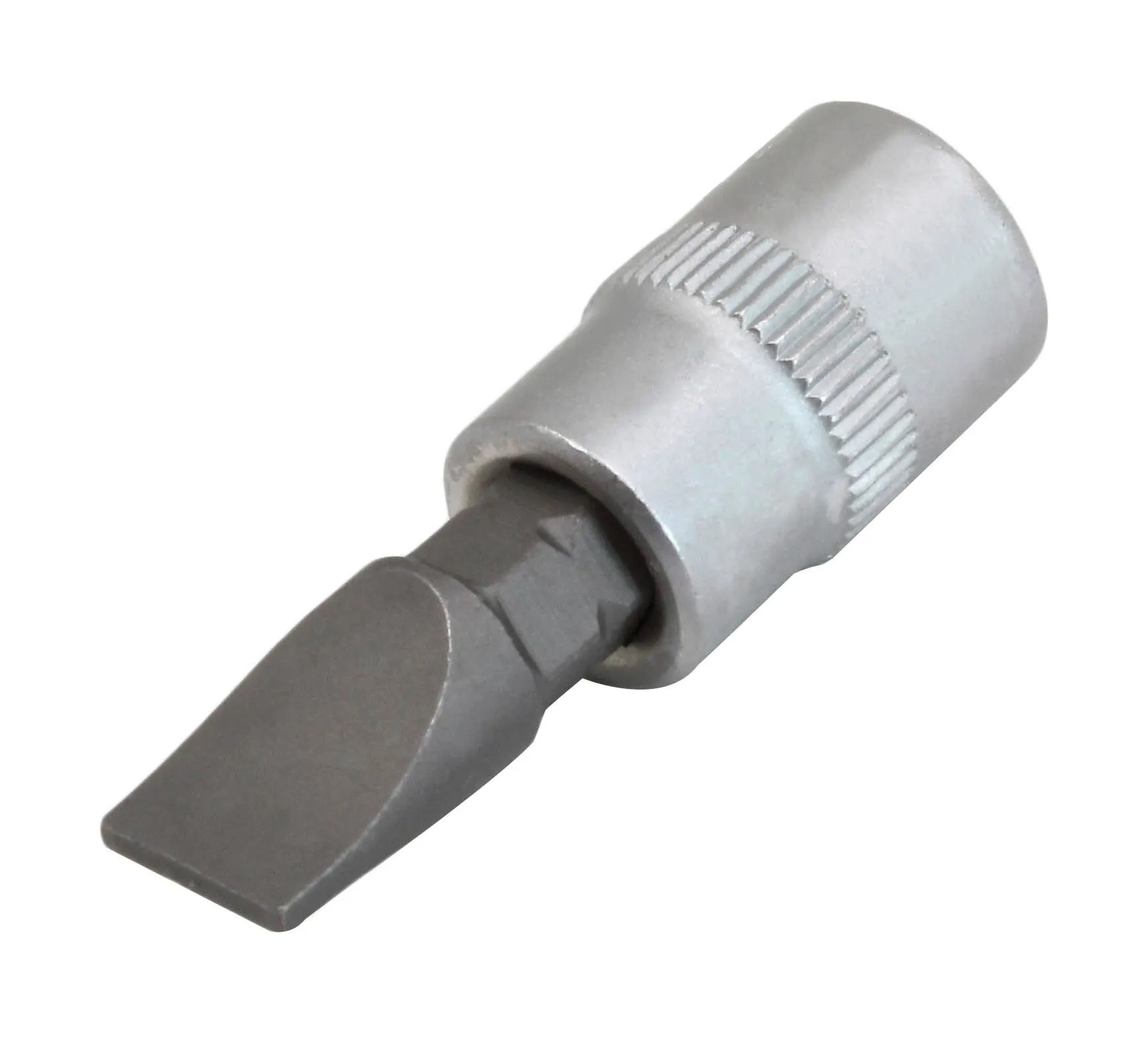 Angle view of flat bit with hex neck entering a chrome socket, showing knurling and flat tip